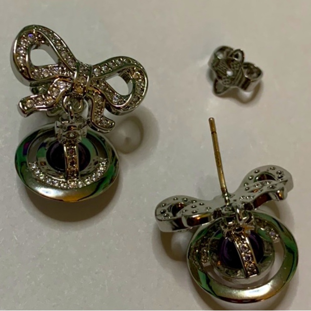 silver tone signature Orb Drop of crystal Bow small earrings - Picture 9 of 10